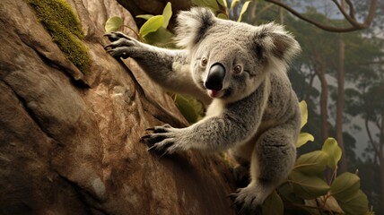 Koala in mid-action, capturing the dynamic movement of its fingerprints during climbing -Generative Ai
