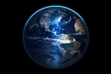 Fototapeta na wymiar An image of Earth seen from space, clearly showing the division between the illuminated part and the part in darkness. This image would highlight the rotation of the Earth - generative ai