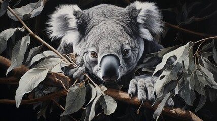 Koala munching on gum leaves, close-up of its paw showcasing unique fingerprints  -Generative Ai
 - obrazy, fototapety, plakaty