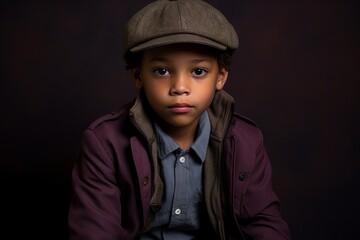 Portrait of an African American boy wearing a cap and coat.