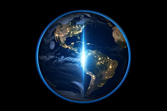 An image of Earth seen from space, clearly showing the division between the illuminated part and the part in darkness. This image would highlight the rotation of the Earth -  generative ai