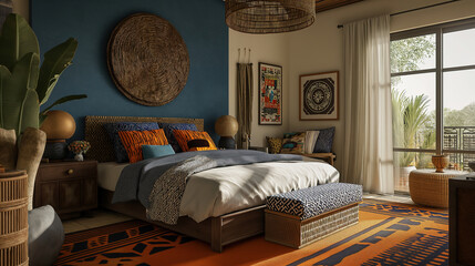 African style composition of cozy bedroom room interior