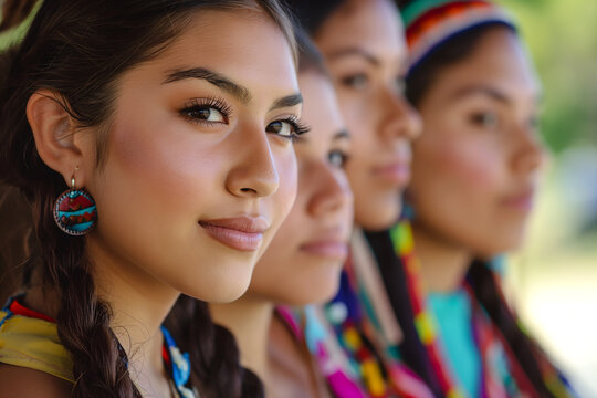 Group of beautiful attractive indigenous Native American young women looking at the camera.	
