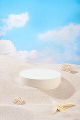 Fototapeta na wymiar Shells and starfish are decorated on the white sand surface. A round white podium is placed in the center of the frame. Advertising cosmetics with ideal space.