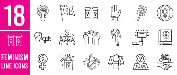 Line icons about feminism. Contains such icons as gender equality, women's rights and girl power.