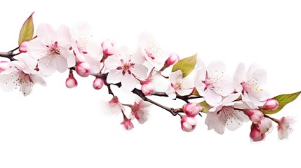Obraz na płótnie Canvas Spring sakura cherry blooming flowers bouquet. Isolated realistic pink petals, blossom, branches, leaves vector set. Design spring tree illustration, generative ai