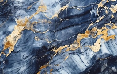 Blue and gold marble abstract background texture. Indigo navy blue marble with swirls of natural luxury style. generative ai