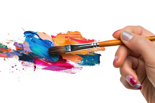 hand holding a paintbrush that is applying vibrant strokes of paint