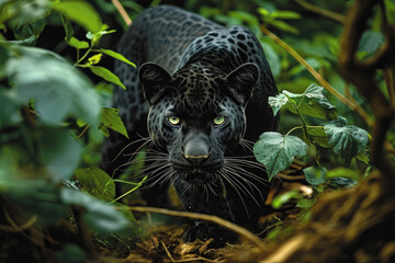 The Panther is crouched low, muscles tensed, as it prepares to pounce with unmatched precision