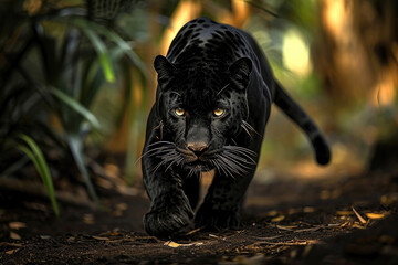The Panther is crouched low, muscles tensed, as it prepares to pounce with unmatched precision - obrazy, fototapety, plakaty