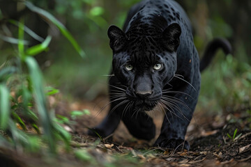 Naklejka na ściany i meble The Panther is crouched low, muscles tensed, as it prepares to pounce with unmatched precision