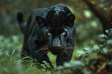 The Panther is crouched low, muscles tensed, as it prepares to pounce with unmatched precision