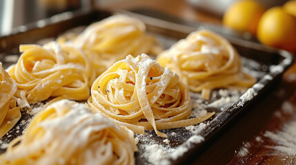 Fresh linguine pasta twirled on sheet pan

