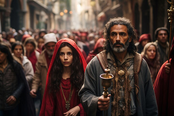 A solemn Catholic procession during Holy Week, with participants carrying religious symbols and statues through the streets, creating a powerful display of faith and reverence. - obrazy, fototapety, plakaty