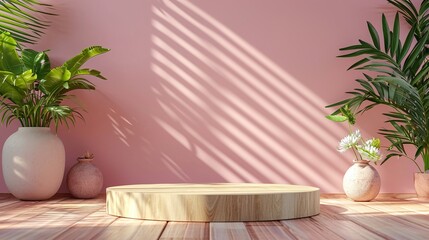 wood podium minimal pink wall scene