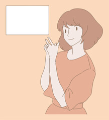 Businesswoman pointing over shoulder at blank frame on the wall, telling employee to share ideas or posting information to achieve goals. Hand drawn flat cartoon character vector illustration.