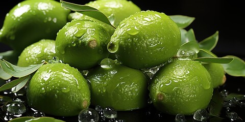 stack of fresh green lemons with clear water droplets effect. generative AI