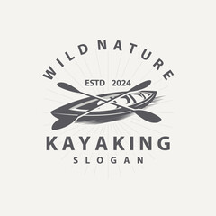Kayak logo canoe paddle wild adventure river design vector illustration vintage style