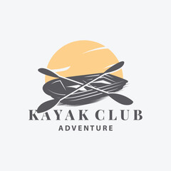 Kayak logo canoe paddle wild adventure river design vector illustration vintage style