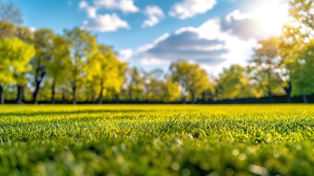 Beautiful blurred background image of spring nature with a neatly trimmed lawn surrounded by trees against a blue sky with clouds on a bright sunny day