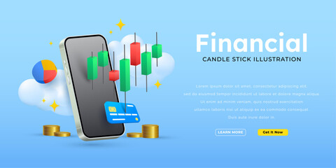 3d stock market and exchange candle stick graph chart illustration