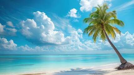 Beautiful palm tree on tropical island beach on background blue sky with white clouds and turquoise ocean on sunny day. Perfect natural landscape for summer vacation - obrazy, fototapety, plakaty