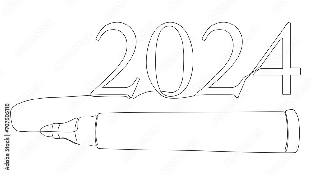 Poster one continuous line of number 2024 written by with felt tip pen. thin line illustration vector conce