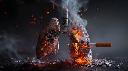 Health concept of a lung transformed into a smoke-filled organ, vividly conveying the harmful impact of smoking. Powerful no-smoking message campaign