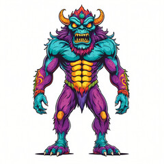 Mystical full body angry monster character standing facing forward. Graphic design for mascot, t shirt, banner, cover, tattoo. Digital asset ready to print.