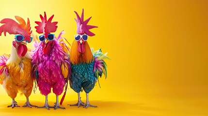 Creative animal concept. Rooster bird in a group, vibrant bright fashionable outfits isolated on solid background advertisement, copy text space. birthday party invite invitation banner