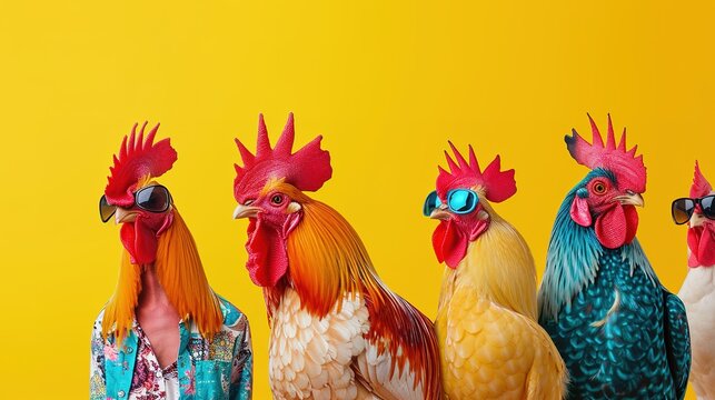 Creative animal concept. Rooster bird in a group, vibrant bright fashionable outfits isolated on solid background advertisement, copy text space. birthday party invite invitation banner