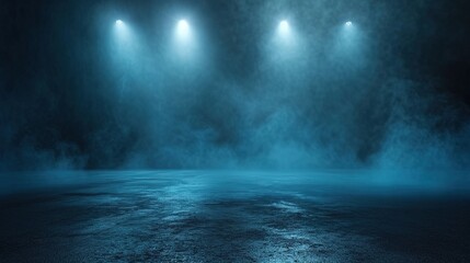 Dark empty street, dark blue background, an empty dark scene, neon light, spotlights The asphalt floor and studio room with smoke float up the interior texture