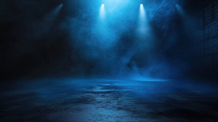Dark empty street, dark blue background, an empty dark scene, neon light, spotlights The asphalt floor and studio room with smoke float up the interior texture - obrazy, fototapety, plakaty