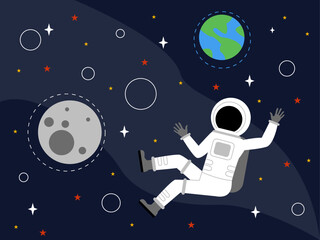 Naklejka premium Spaceman flying into space. Outer space and astronaut vector illustrations.
