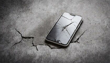 Broken smartphone mockup on concrete floor
