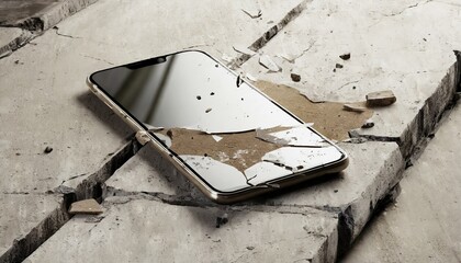 Broken smartphone mockup on concrete floor
