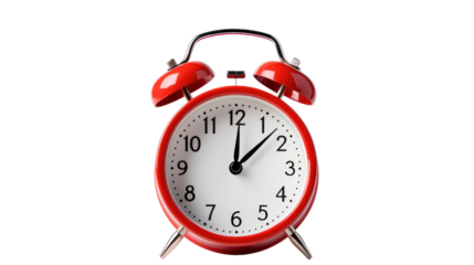 red retro alarm clock on  isolated on transparent and white background.PNG image