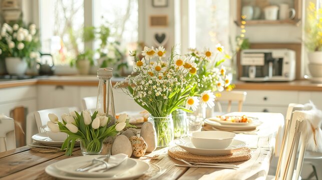Easter table with spring flowers in a sunny April kitchen, + --ar 16:9 --v 6 Job ID: 8e619055-558d-48ad-8c1e-4e7c14f62e34