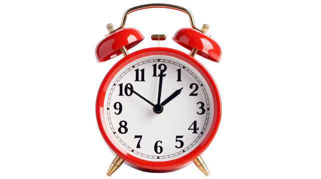 red retro alarm clock on  isolated on transparent and white background.PNG image