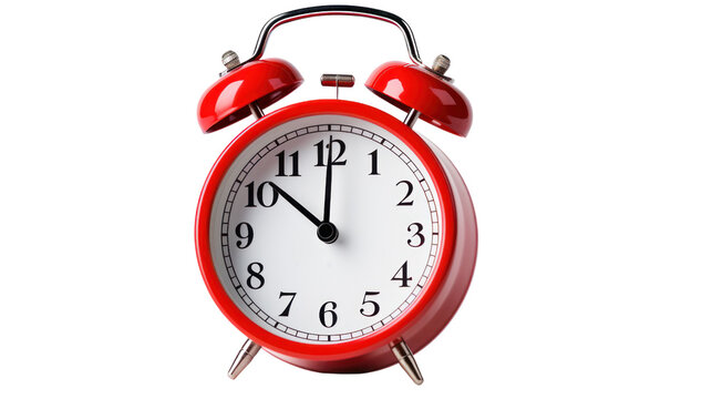 red retro alarm clock on  isolated on transparent and white background.PNG image