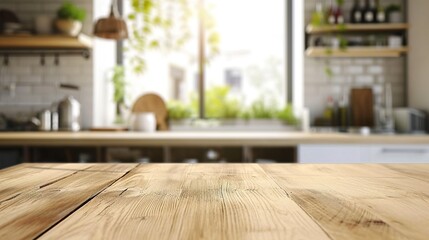 Empty Beautiful wood table top and blur bokeh modern kitchen interior background in clean and bright
