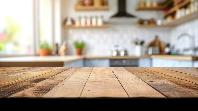 Empty Beautiful wood table top and blur bokeh modern kitchen interior background in clean and bright, + --ar 16:9 --v 6 Job ID: b3a9b86c-a06d-4dd0-99df-e016b71043d5