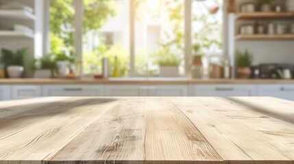 Empty beautiful wood table top counter and blur bokeh modern kitchen interior background in clean and bright - obrazy, fototapety, plakaty