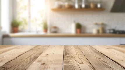 Rolgordijnen Empty beautiful wood table top counter and blur bokeh modern kitchen interior background in clean and bright © INK ART BACKGROUND