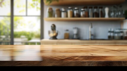 Empty beautiful wood table top counter and blur bokeh modern kitchen interior background in clean and bright, Banner, + --ar 16:9 --v 6 Job ID: 4aa81d0a-2ae1-4184-8ed2-d2823bc9e4e4