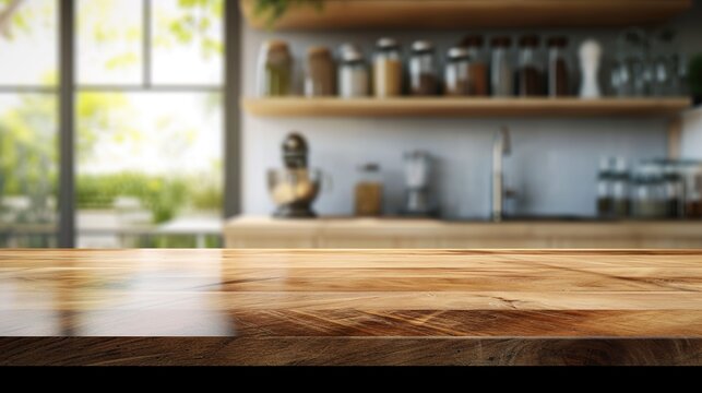 Empty beautiful wood table top counter and blur bokeh modern kitchen interior background in clean and bright, Banner, + --ar 16:9 --v 6 Job ID: 4aa81d0a-2ae1-4184-8ed2-d2823bc9e4e4