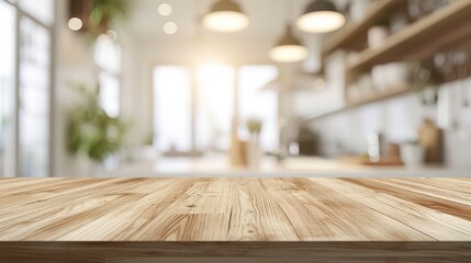 Empty beautiful wood table top counter and blur bokeh modern kitchen interior background in clean and bright