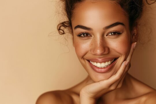 Woman with a captivating beauty smile, her face glowing with health and skincare success, posed against a complementary beige studio background, a picture of happiness and vitality.
