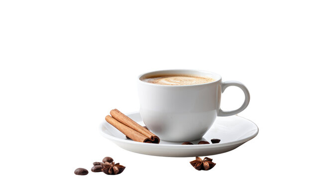 Cup of hot coffee and other ingredients isolated on transparent and white background.PNG image.