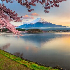 Fototapeta premium 富士山と桜と湖